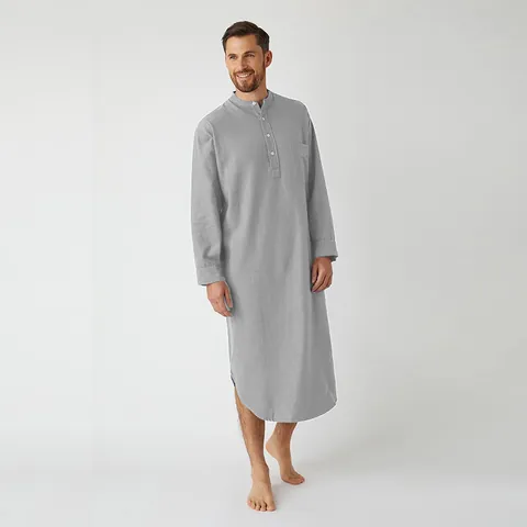 Men's Long Sleeve Button Solid Color Robe Cotton Blend Knitted Loose Long Shirt Casual Loungewear Kaftan Thobe For Spring Autumn