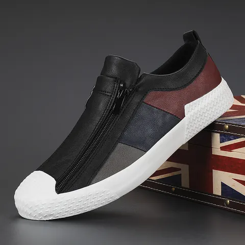 Herren Casual Freizeitschuhe Mikrofaser Leder Farbblock Slipper Sneakers Low Top Reißverschluss Flache Schuhe Für Männer Alltag Mode