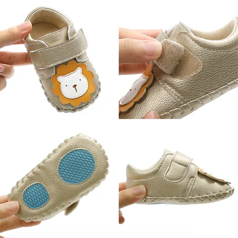 Baby First Walkers Lion Pattern Cartoon PU Leather Toddler Shoes Soft Sole Non-Slip Hook and Loop Prewalker Shoes for Infants
