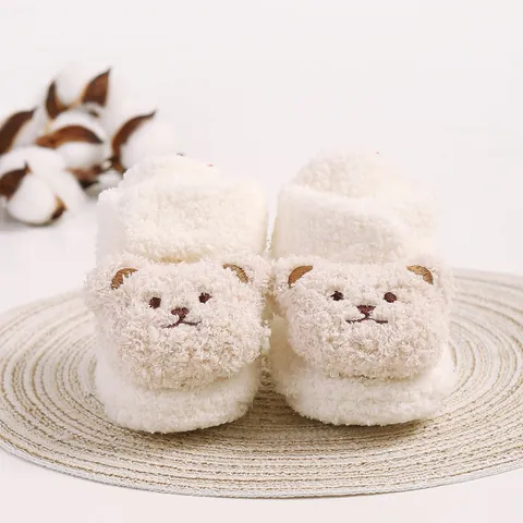 Baby Lauflernschuhe Warm Korallenvlies Kleinkind Schuhe Herbst Winter Weiche Sohle 3D Cartoon Bär Gestickt Prewalker Schuhe