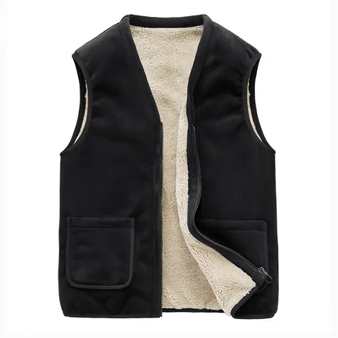 Men Casual Fleece Lined Vest Winter Thickened Polyester Cardigan V-Neck Warm Sleeveless Top For Middle Aged Father