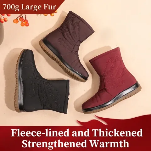 Women's Waterproof Snow Boots Winter Warm Faux Fur Lined Anti-Slip Cotton Shoes With Side Zipper For Middle-Aged Elderly Ladies
