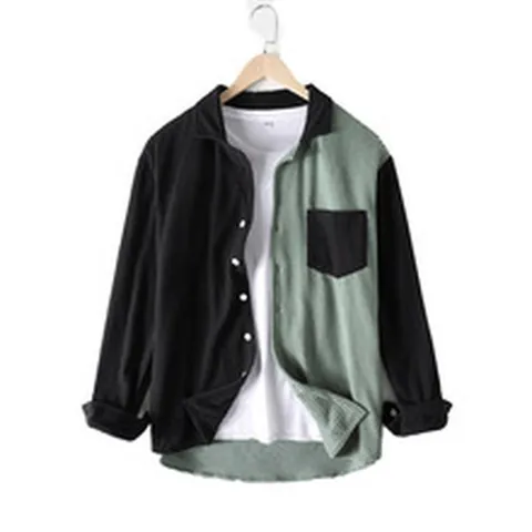 Giacca Camicia da Uomo in Maglia a Nido d'Ape a Maniche Lunghe a Blocchi di Colore Casual Ricamato Top in Poliestere per Primavera