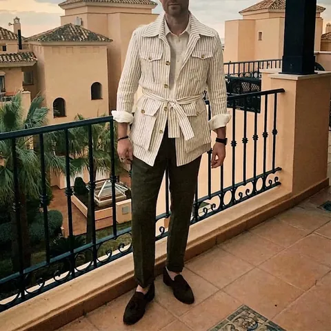 Giacca Blazer Safari a Righe Casual da Uomo Multi Tasche con Cintura Manica Lunga Revers Misto Cotone Poliestere Top