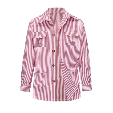 Giacca Blazer Safari a Righe Casual da Uomo Multi Tasche con Cintura Manica Lunga Revers Misto Cotone Poliestere Top