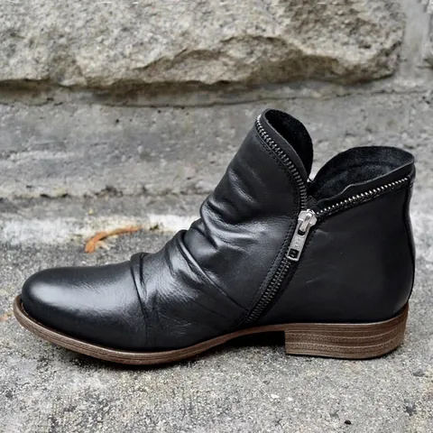 Botas Martin Vintage de Cuero PU para Mujer con Cremallera Lateral Punta Redonda Tacón Grueso Bajo Botines Casuales para Otoño Invierno