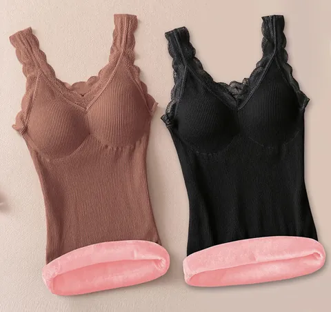 Women Plus Size Fleece Lined Warm Vest Sexy Lace V-Neck Thermal Underwear Camisole Ribbed Seamless Slim Fit 打底衫 Top