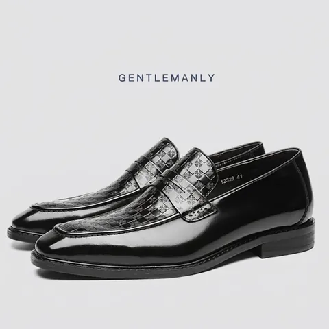 Genuine Patent Cowhide Leather Loafers Men Business Formal Square Toe Embossed Totem Vintage Slip On Office Dress Shoes