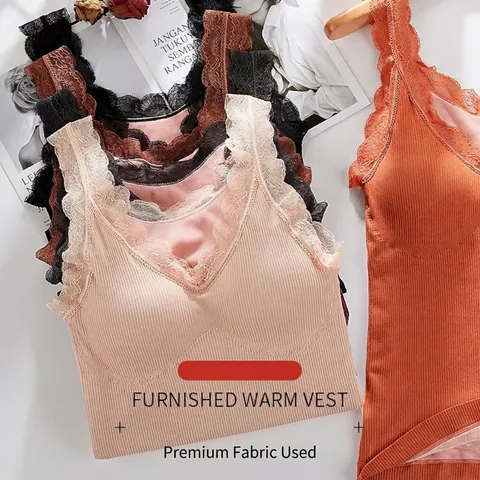 Women Plus Size Fleece Lined Warm Vest Sexy Lace V-Neck Thermal Underwear Camisole Ribbed Seamless Slim Fit 打底衫 Top