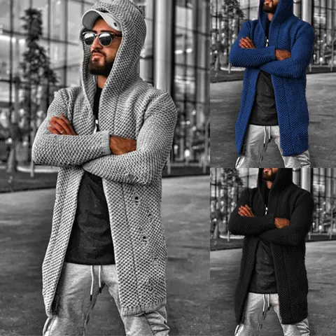 Cárdigan de Punto con Capucha para Hombre Manga Larga Frente Abierto Textura de Panal Largo Medio Suéter Abrigo Otoño Invierno Casual