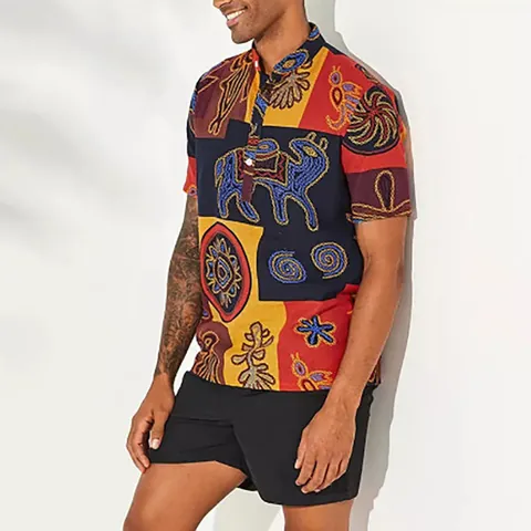 Herren Ethnisch Orakelknochen Bedruckt Baumwollmischung Hemd Stehkragen Locker Kurzarm Lässig Henley Top Retro Sommer Hemd
