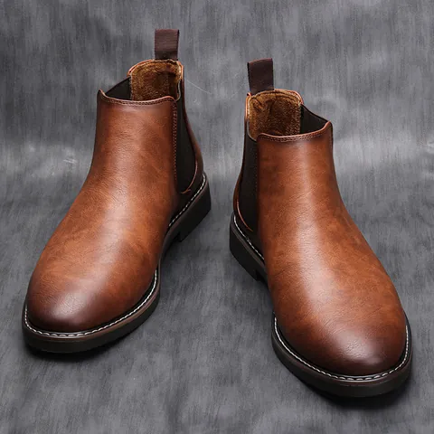Stivaletti Chelsea da Uomo Vintage Britannico Brunito in Pelle Artificiale Con Elastico Suola in Gomma Antiscivolo Calzature alla Moda