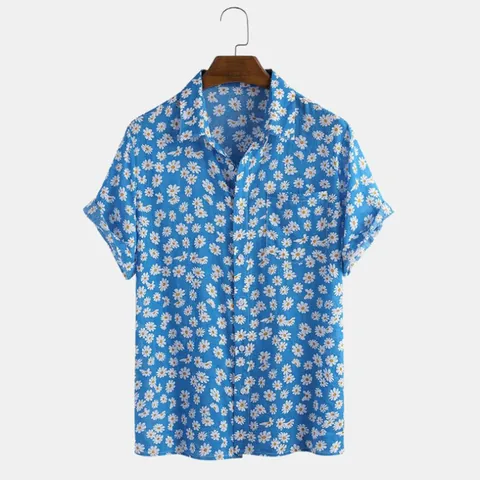 Camicia da Uomo Estiva Casual a Manica Corta Stampa Floreale Margherita Revers Bottoni Top Spiaggia Ampio Poliestere Stampato