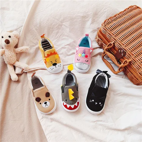Toddler Kids Cartoon 3D Animal Canvas Walking Shoes Soft Sole Slip-on First Walkers Lion Shark Cat Bear Style Sneakers