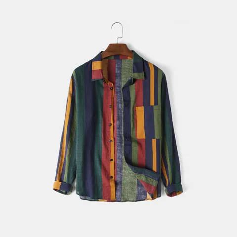 Camicia Casual da Uomo a Maniche Lunghe con Strisce Verticali Colorate Vintage Colletto a Rever Misto Rayon Cotone con Tasca