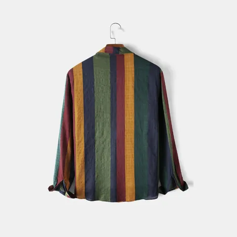 Camicia Casual da Uomo a Maniche Lunghe con Strisce Verticali Colorate Vintage Colletto a Rever Misto Rayon Cotone con Tasca
