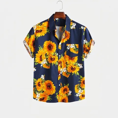 Camicia da Uomo in Poliestere a Maniche Corte in Stile Britannico Casual con Stampa Digitale Girasole Colletto Rovesciato per Vacanze