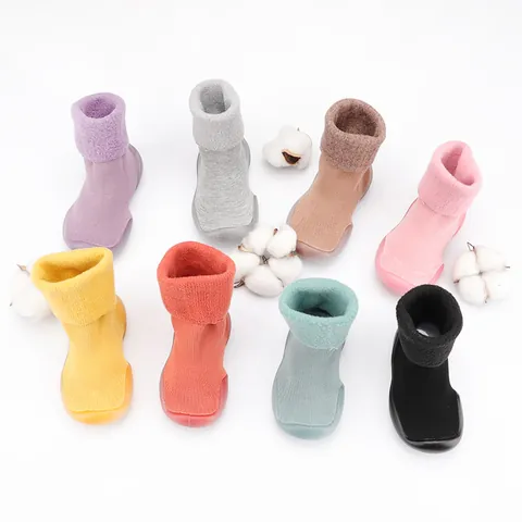 Baby First Walkers Winter Warm Cotton Knit Sock Shoes With Artificial Lamb Wool Anti-Slip Rubber Sole Floor Socks Shoes