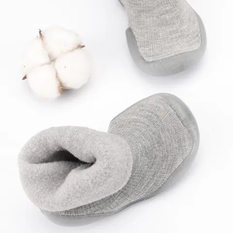 Baby First Walkers Winter Warm Cotton Knit Sock Shoes With Artificial Lamb Wool Anti-Slip Rubber Sole Floor Socks Shoes