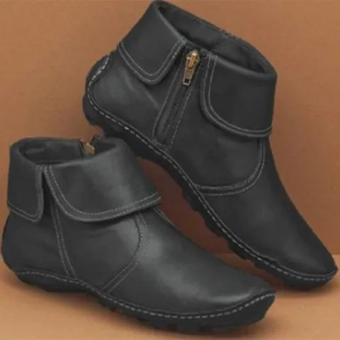 Casual Women Round Toe Side Zipper Martin Boots Retro PU Leather Short Boots Fashion Stitching Non-Slip Daily Footwear