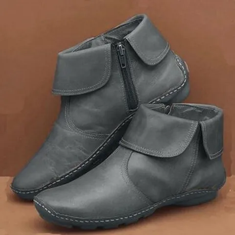 Casual Women Round Toe Side Zipper Martin Boots Retro PU Leather Short Boots Fashion Stitching Non-Slip Daily Footwear