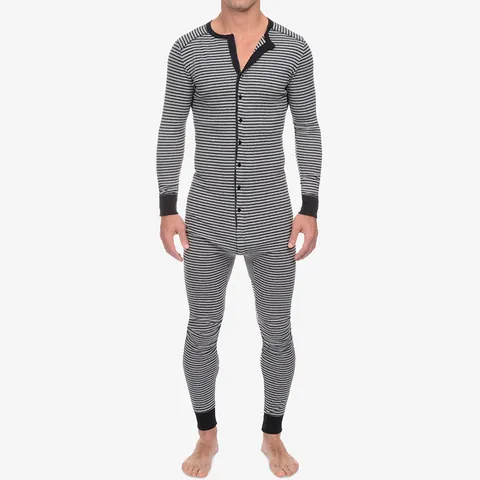 Men Striped One-Piece Pajamas Slim Fit Long Sleeve Onesie Union Suit Polyester Nightwear Home Wear For Autumn Winter