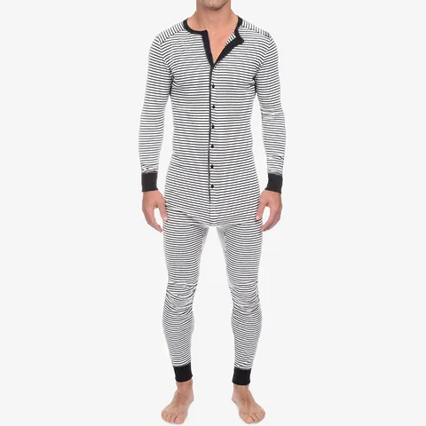Men Striped One-Piece Pajamas Slim Fit Long Sleeve Onesie Union Suit Polyester Nightwear Home Wear For Autumn Winter