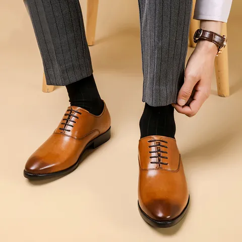 Men's British Style Business Formal Leather Shoes Pointed Toe Lace-up Oxford Dress Shoes Breathable Anti-slip Cowhide Shoes
