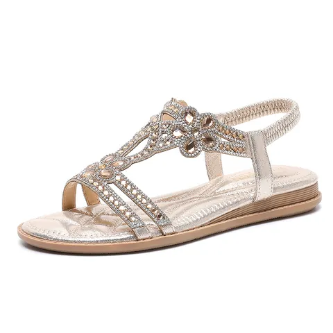 Sandales Plates Bohèmes en Strass pour Femmes Décorées de Fleurs Chaussures de Plage D'été Décontractées Sandales à Bride Élastique