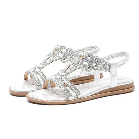 Sandales Plates Bohèmes en Strass pour Femmes Décorées de Fleurs Chaussures de Plage D'été Décontractées Sandales à Bride Élastique