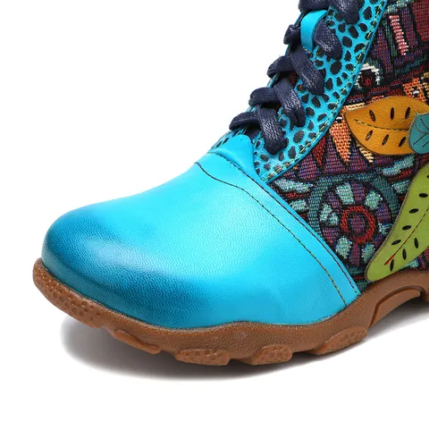 Boheemse Retro Dames Kortelaarzen Echt Leer Stof Splicing 3D Bloemen Zijrits Antislip Schoenen Met Lage Hak