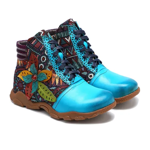 Boheemse Retro Dames Kortelaarzen Echt Leer Stof Splicing 3D Bloemen Zijrits Antislip Schoenen Met Lage Hak