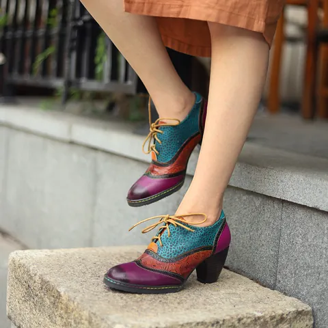 Women Genuine Leather Color Block Brogue Heels Vintage Block Heel Lace Up Mary Jane Pumps Oxford Shoes For Four Seasons