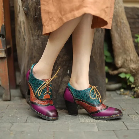 Women Genuine Leather Color Block Brogue Heels Vintage Block Heel Lace Up Mary Jane Pumps Oxford Shoes For Four Seasons