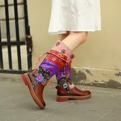 Retro Ethnic Bohemian Knee High Boots Genuine Leather Floral Patchwork Round Toe Flat Comfort Warm Long Boots For Women
