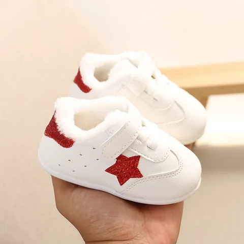 Baby Toddler Winter Shoes Warm Plush Lined PU Leather Star Pattern Soft Sole First Walkers For Boys Girls White Sneakers