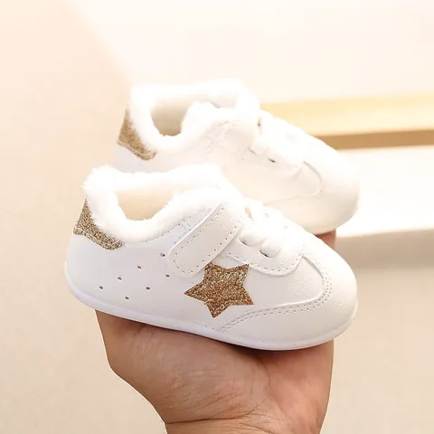 Baby Toddler Winter Shoes Warm Plush Lined PU Leather Star Pattern Soft Sole First Walkers For Boys Girls White Sneakers