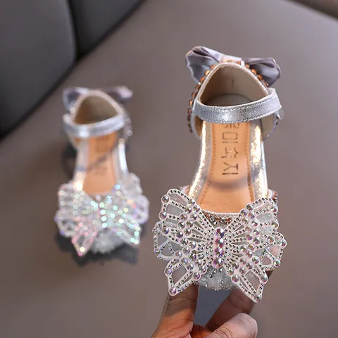 Korean Style Girl's Rhinestone Butterfly Princess Sandals Artificial Leather Non-slip Summer Dress Shoes For Girls Party Wear