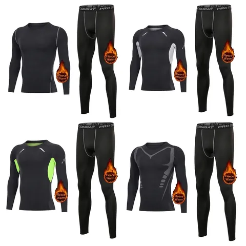 Men Compression Suit Fleece Lined Athletic Tracksuit Thermal Long Sleeve Top And Bottom For Gym Running Winter Outdoor Training Wear