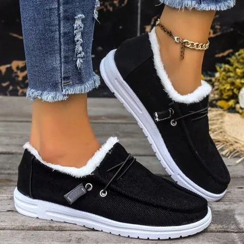 Dames Winter Warm Katoenen Schoenen Kunstmatig Kort Pluche Voering Slip On Platte Sneeuw Stijl Loafers Comfortabele Effen Kleur Schoeisel