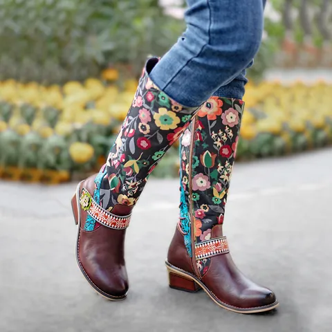 Dames Retro Etnisch Bloemen Kniehoge Laarzen Echt Rundleer Patchwork Zijrits Verstelbare Blokhak Laarzen
