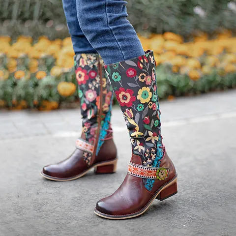 Dames Retro Etnisch Bloemen Kniehoge Laarzen Echt Rundleer Patchwork Zijrits Verstelbare Blokhak Laarzen