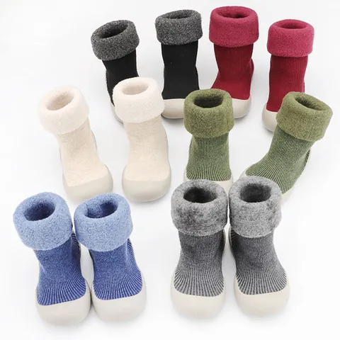 Winter Warm Baby Toddler First Walker Shoes Thickened Knit Non-Slip Soft Rubber Sole Indoor Floor Socks Shoes For Boys Girls