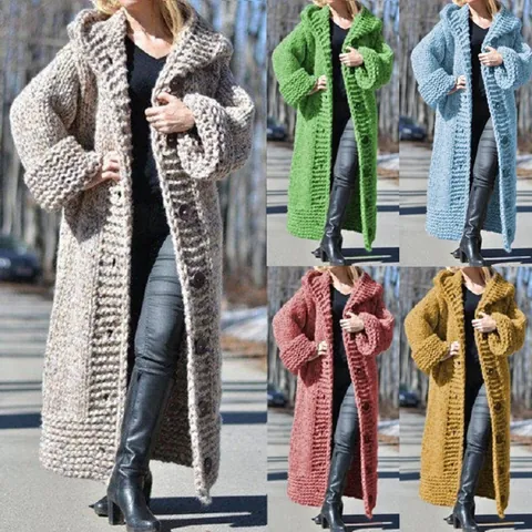 Women Oversized Long Hooded Chunky Knit Cardigan Sweater Buttons Open Front Loose Solid Color Warm Acrylic Knitting Outerwear
