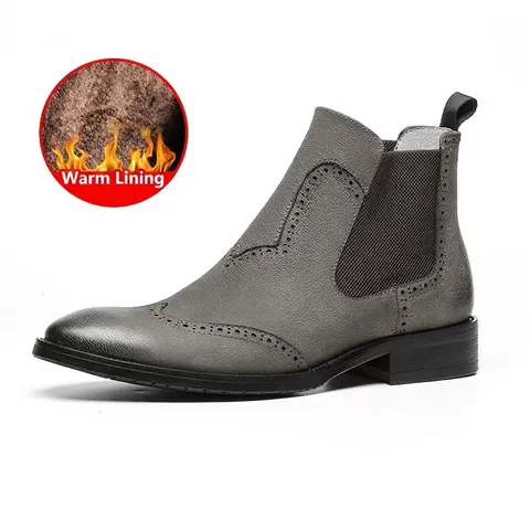 Men's Chelsea Boots Brogue Carved Genuine Cowhide Leather Winter Short Boots British Retro Litchi Pattern Fur Lined Warm Ankle Boots