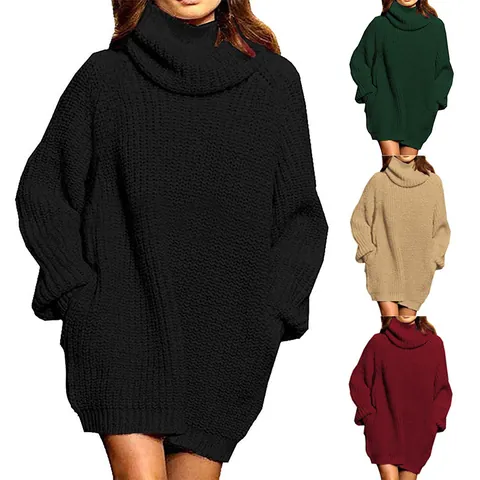 Women Turtleneck Oversized Chunky Knit Sweater Dress Mid-Length Long Sleeve Pullover Autumn Winter Casual Knitted Dress