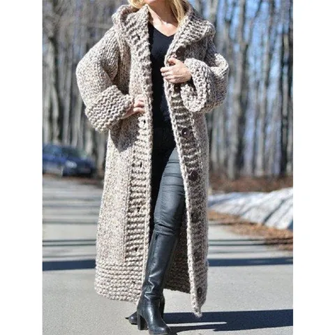 Women Oversized Long Hooded Chunky Knit Cardigan Sweater Buttons Open Front Loose Solid Color Warm Acrylic Knitting Outerwear