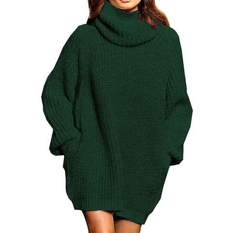 Women Turtleneck Oversized Chunky Knit Sweater Dress Mid-Length Long Sleeve Pullover Autumn Winter Casual Knitted Dress