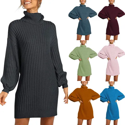 Women Casual High Neck Knitted Sweater Dress Solid Color Long Sleeve Ribbed Knit Pullover Jumper Midi Dress For Autumn Winter