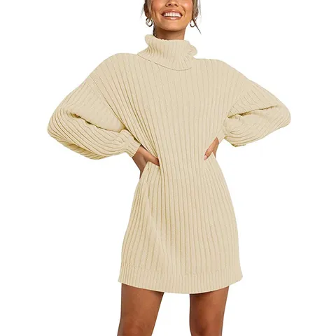 Women Casual High Neck Knitted Sweater Dress Solid Color Long Sleeve Ribbed Knit Pullover Jumper Midi Dress For Autumn Winter